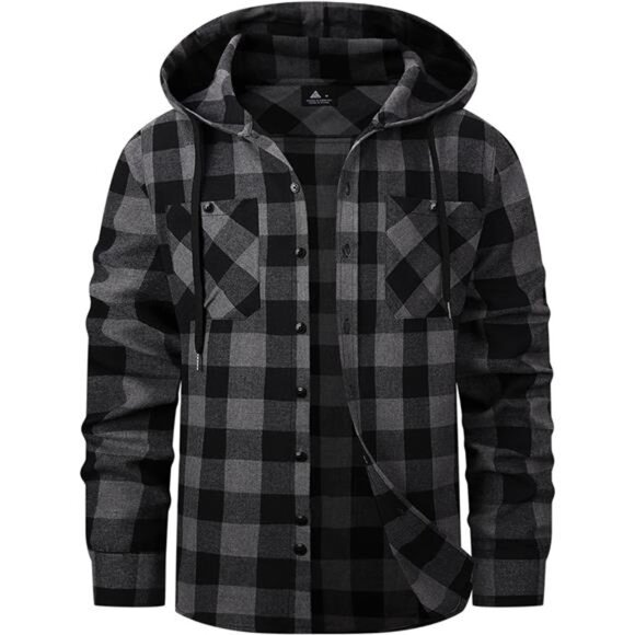 Mens Hooded Flannel Shirts Hoodie Black Dark Grey - Picture 1 of 1